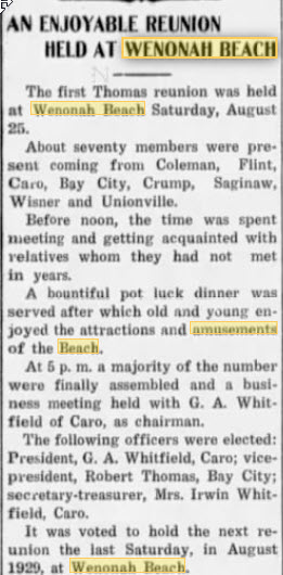 Wenona Beach Amusement Park (Wenona Beach, Wenonah Park) - Aug 31 1928 Article (newer photo)